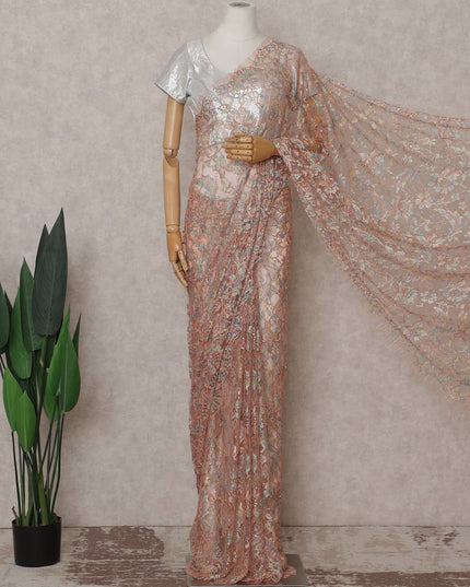 Blush Peach Floral French Chantilly Lace Saree
