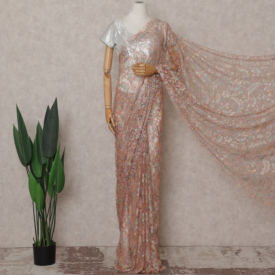 Blush Peach Floral French Chantilly Lace Saree