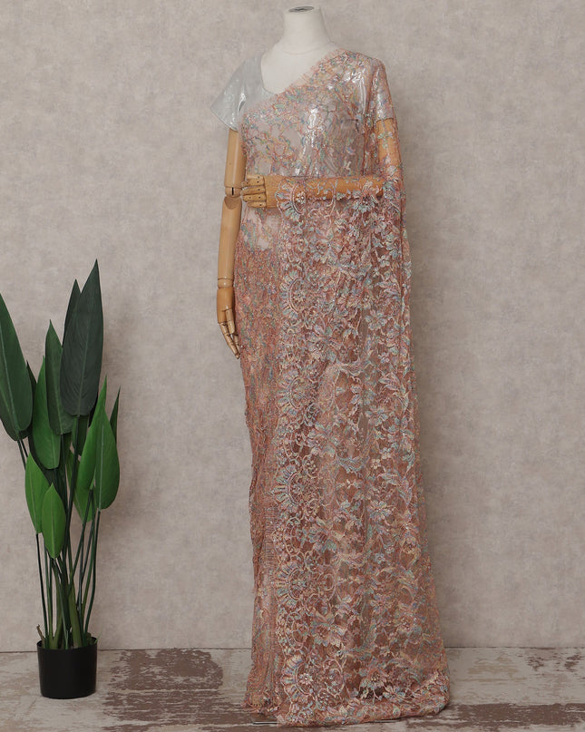 Blush Peach Floral French Chantilly Lace Saree