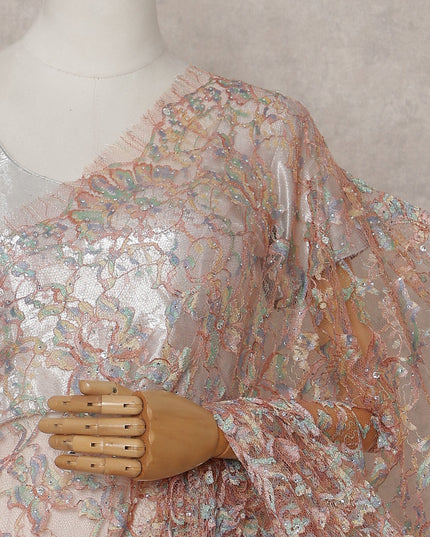 Blush Peach Floral French Chantilly Lace Saree