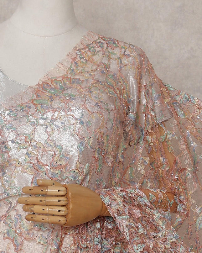 Blush Peach Floral French Chantilly Lace Saree