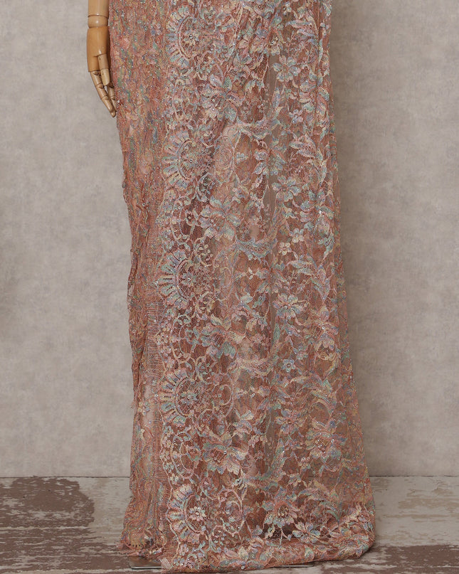 Blush Peach Floral French Chantilly Lace Saree
