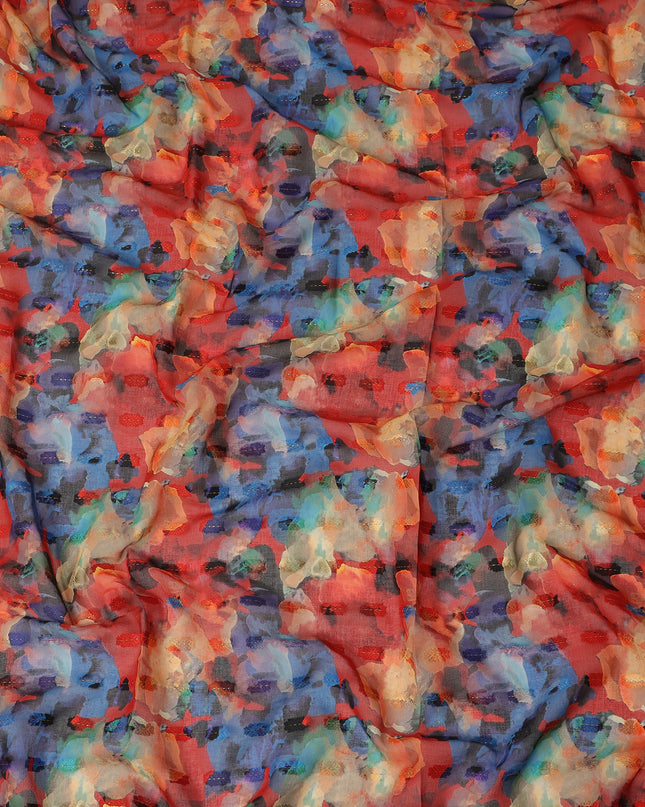 Red Blue Multi Color Abstract Floral Printed Cotton Voile Fabric 150 Cms Width Lightweight Soft Breathable Dress Material Made In India-D27873