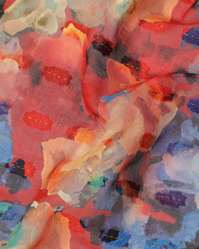 Red Blue Multi Color Abstract Floral Printed Cotton Voile Fabric 150 Cms Width Lightweight Soft Breathable Dress Material Made In India-D27873