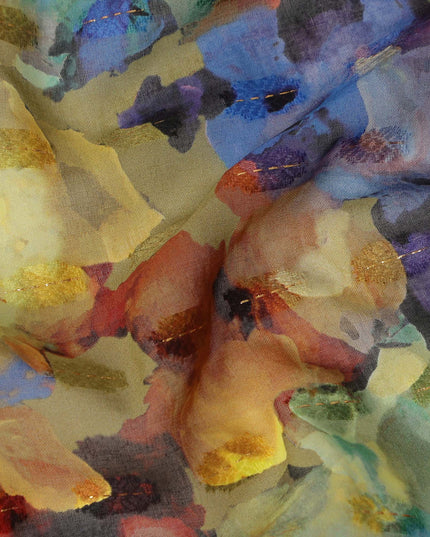 Yellow Blue Multi Color Abstract Floral Printed Cotton Voile Fabric 150 Cms Width Lightweight Soft Breathable Dress Material Made In India-D27874