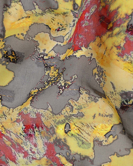 Grey Yellow Red Abstract Printed Cotton Voile Fabric 150 Cms Width Soft Lightweight Breathable Dress Material Made In India-D27883
