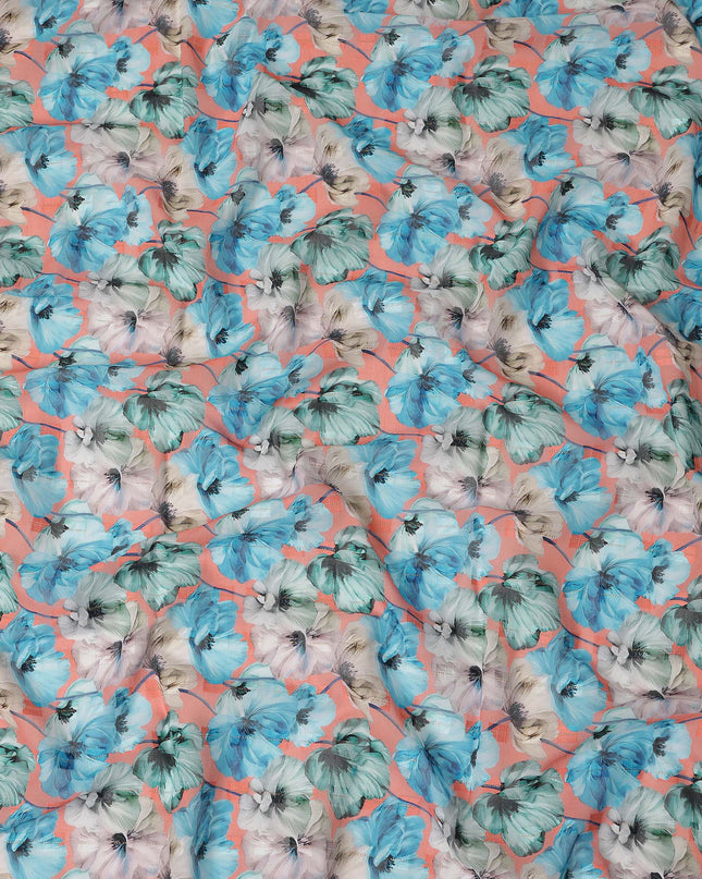 Peach Blue Floral Printed Cotton Voile Fabric 150 Cms Width Soft Lightweight Breathable Dress Material Made In India-D27877