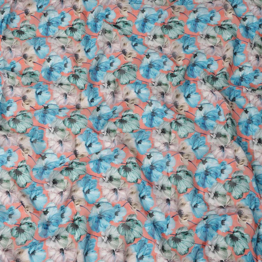 Peach Blue Floral Printed Cotton Voile Fabric 150 Cms Width Soft Lightweight Breathable Dress Material Made In India-D27877