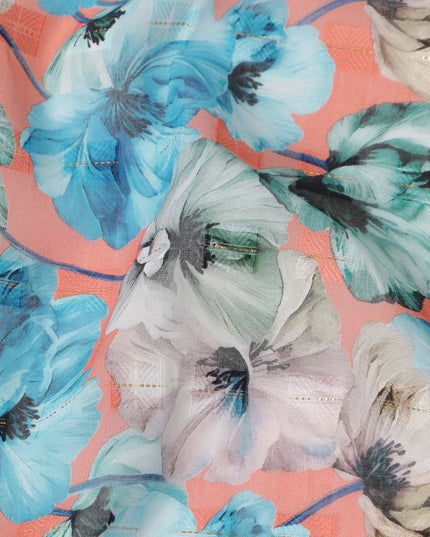 Peach Blue Floral Printed Cotton Voile Fabric 150 Cms Width Soft Lightweight Breathable Dress Material Made In India-D27877