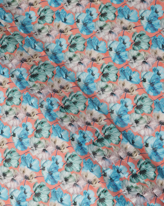 Peach Blue Floral Printed Cotton Voile Fabric 150 Cms Width Soft Lightweight Breathable Dress Material Made In India-D27877