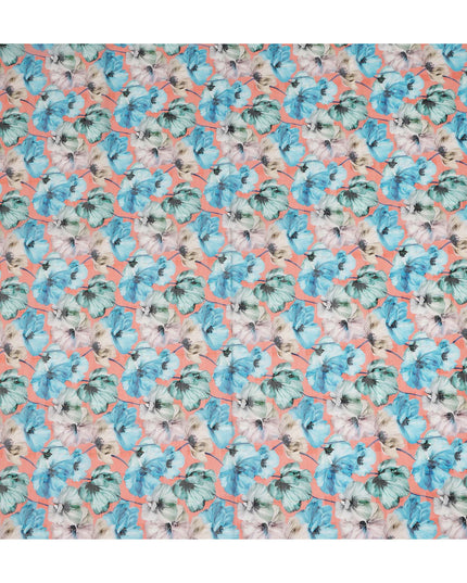 Peach Blue Floral Printed Cotton Voile Fabric 150 Cms Width Soft Lightweight Breathable Dress Material Made In India-D27877