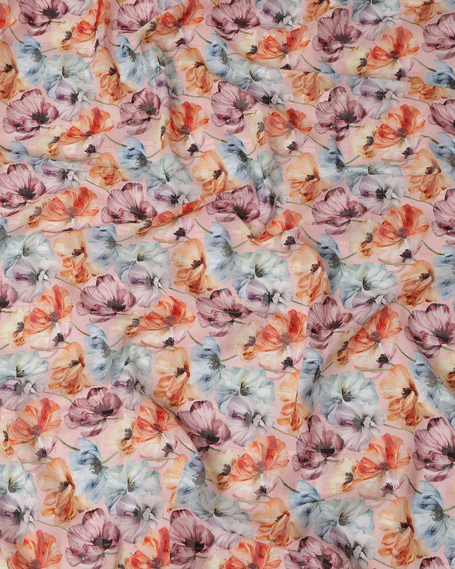 Peach Multi Color Floral Printed Cotton Voile Fabric 150 Cms Width Soft Lightweight Breathable Dress Material Made In India-D27876