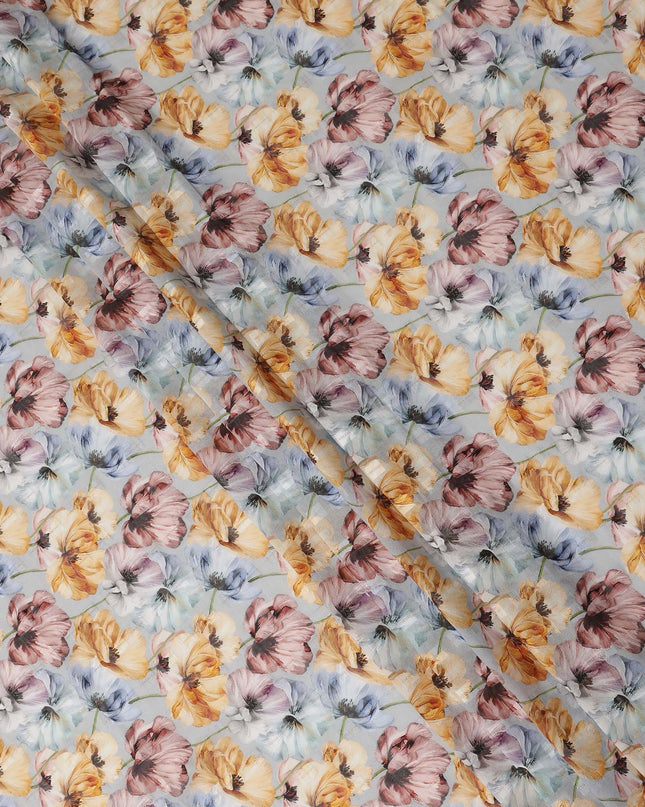 Light Blue Yellow Floral Printed Cotton Voile Fabric 150 Cms Width Soft Lightweight Breathable Dress Material Made In India-D27875