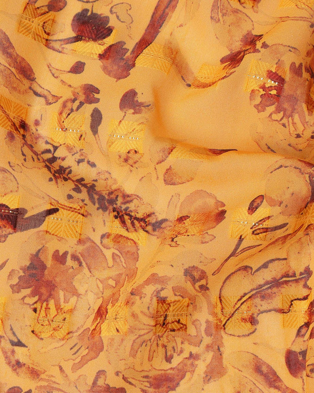 Mustard Yellow Brown Floral Printed Cotton Voile Fabric 150 Cms Width Lightweight Soft Breathable Dress Material Made In India-D27871