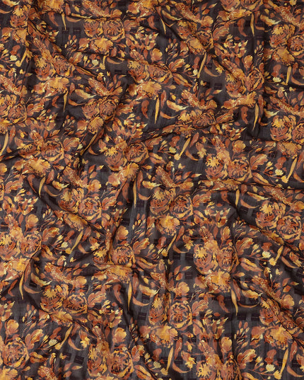 Dark Brown Mustard Floral Printed Cotton Voile Fabric 150 Cms Width Lightweight Soft Breathable Dress Material Made In India-D27870