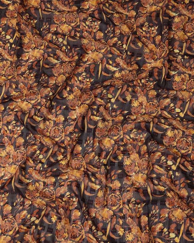 Dark Brown Mustard Floral Printed Cotton Voile Fabric 150 Cms Width Lightweight Soft Breathable Dress Material Made In India-D27870