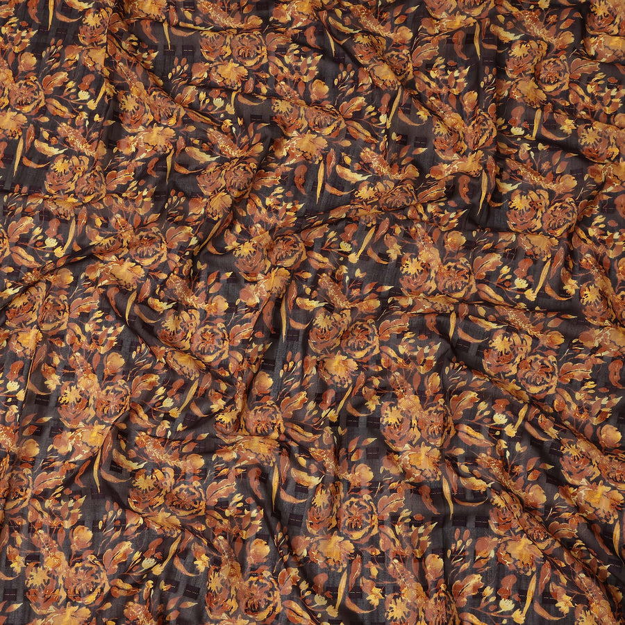 Dark Brown Mustard Floral Printed Cotton Voile Fabric 150 Cms Width Lightweight Soft Breathable Dress Material Made In India-D27870