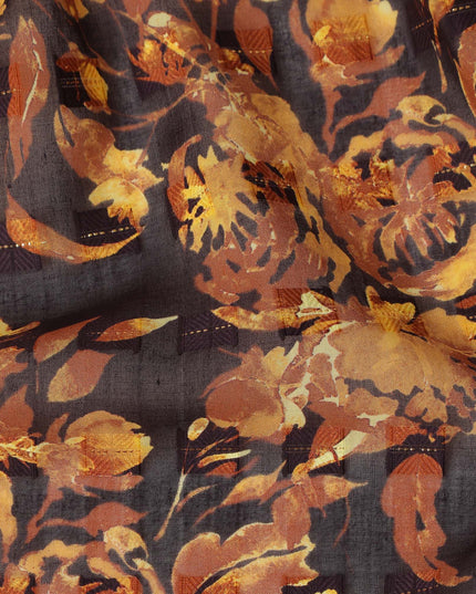 Dark Brown Mustard Floral Printed Cotton Voile Fabric 150 Cms Width Lightweight Soft Breathable Dress Material Made In India-D27870
