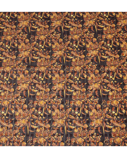 Dark Brown Mustard Floral Printed Cotton Voile Fabric 150 Cms Width Lightweight Soft Breathable Dress Material Made In India-D27870