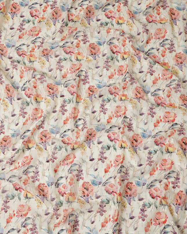 Off White Coral Blue Floral Printed Cotton Voile Fabric 150 Cms Width Lightweight Soft Breathable Dress Material Made In India-D27869 Regal Fabrics