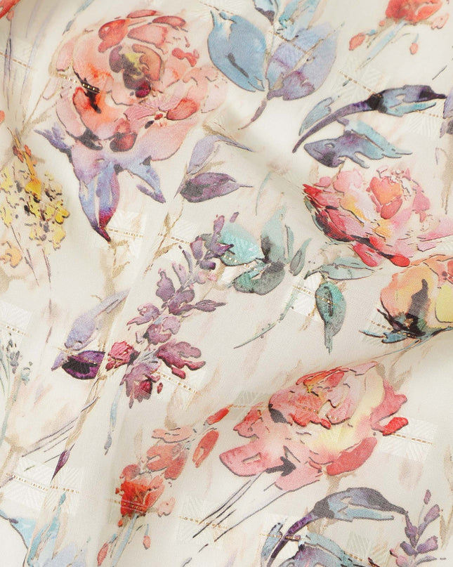 Off White Coral Blue Floral Printed Cotton Voile Fabric 150 Cms Width Lightweight Soft Breathable Dress Material Made In India-D27869 Regal Fabrics