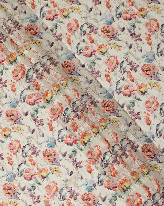 Off White Coral Blue Floral Printed Cotton Voile Fabric 150 Cms Width Lightweight Soft Breathable Dress Material Made In India-D27869 Regal Fabrics
