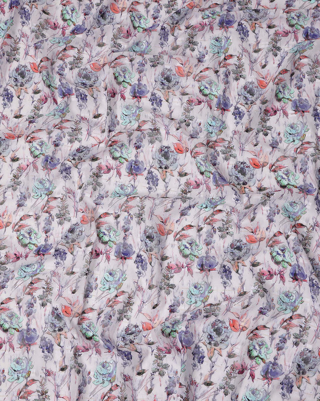 Off White Purple Yellow Floral Printed Cotton Voile Fabric 150 Cms Width Lightweight Soft Breathable Dress Material Made In India-D27867