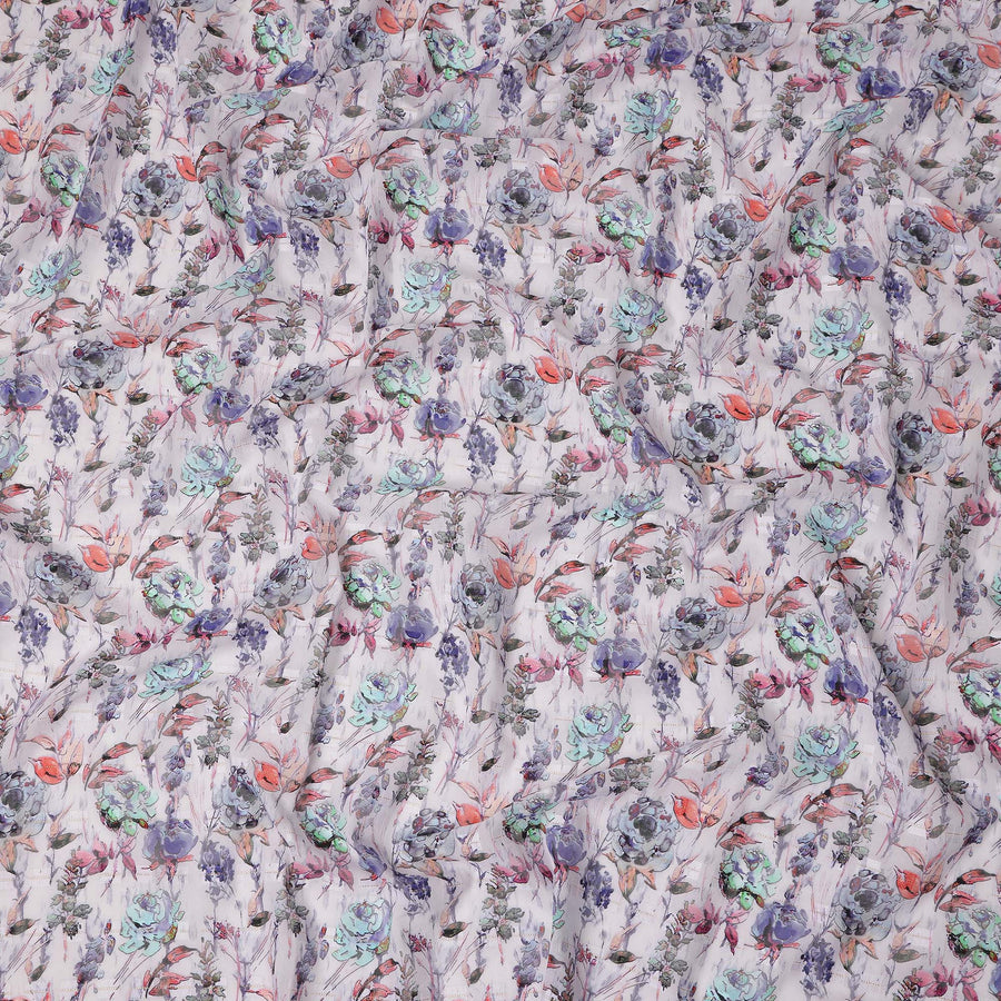 Off White Purple Yellow Floral Printed Cotton Voile Fabric 150 Cms Width Lightweight Soft Breathable Dress Material Made In India-D27867