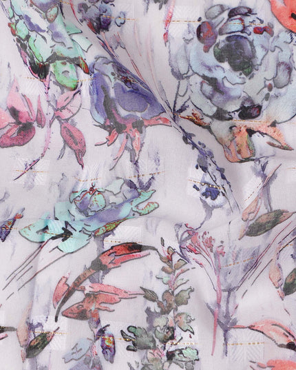 Off White Purple Yellow Floral Printed Cotton Voile Fabric 150 Cms Width Lightweight Soft Breathable Dress Material Made In India-D27867