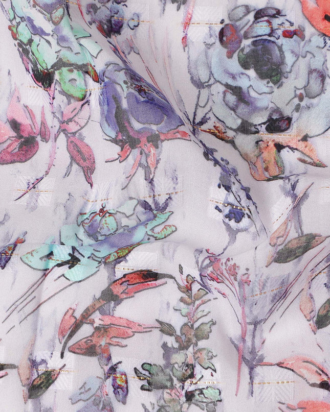 Off White Purple Yellow Floral Printed Cotton Voile Fabric 150 Cms Width Lightweight Soft Breathable Dress Material Made In India-D27867