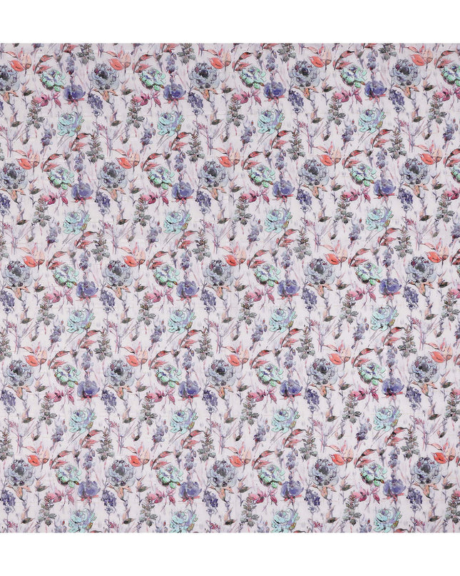 Off White Purple Yellow Floral Printed Cotton Voile Fabric 150 Cms Width Lightweight Soft Breathable Dress Material Made In India-D27867