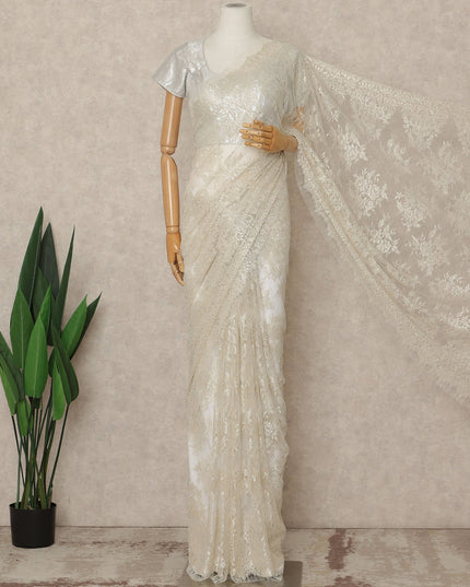 Ivory Premium French Metallic Chantilly Saree Lace Fabric 5.5 Meters Length 110 Cms Width Imported From France Elegant Designer Lace Blouse Not Included-D27359