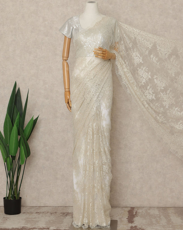 Ivory Premium French Metallic Chantilly Saree Lace Fabric 5.5 Meters Length 110 Cms Width Imported From France Elegant Designer Lace Blouse Not Included-D27359