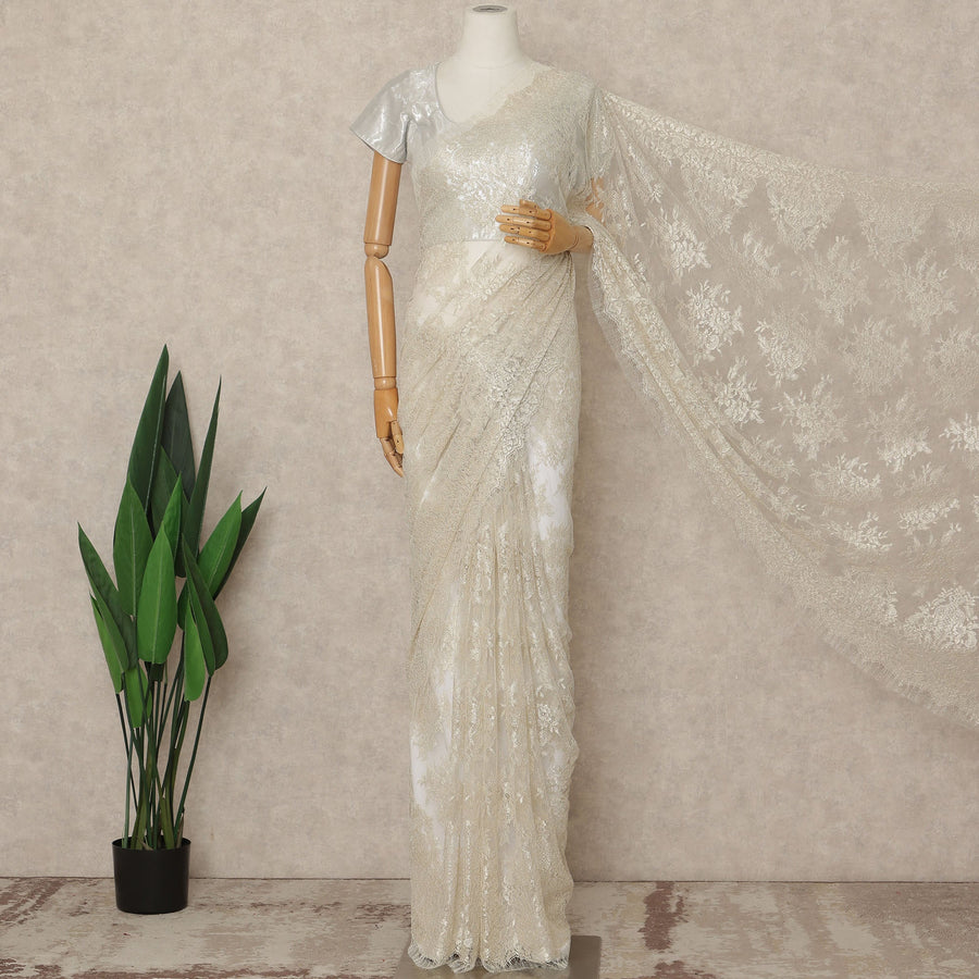 Ivory Premium French Metallic Chantilly Saree Lace Fabric 5.5 Meters Length 110 Cms Width Imported From France Elegant Designer Lace Blouse Not Included-D27359