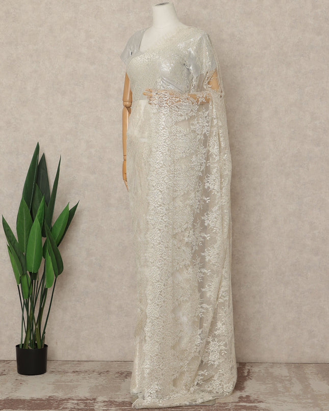 Ivory Premium French Metallic Chantilly Saree Lace Fabric 5.5 Meters Length 110 Cms Width Imported From France Elegant Designer Lace Blouse Not Included-D27359