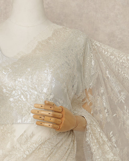 Ivory Premium French Metallic Chantilly Saree Lace Fabric 5.5 Meters Length 110 Cms Width Imported From France Elegant Designer Lace Blouse Not Included-D27359