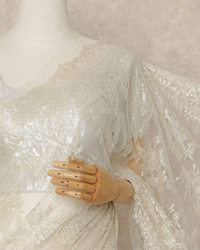 Ivory Premium French Metallic Chantilly Saree Lace Fabric 5.5 Meters Length 110 Cms Width Imported From France Elegant Designer Lace Blouse Not Included-D27359