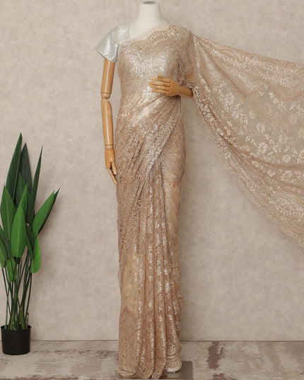 Champagne Nude Premium French Metallic Chantilly Saree Lace Fabric 5.5 Meters Length 110 Cms Width Imported From France Elegant Designer Lace Blouse Not Included-D27365