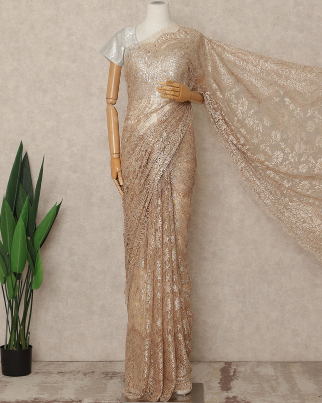Champagne Nude Premium French Metallic Chantilly Saree Lace Fabric 5.5 Meters Length 110 Cms Width Imported From France Elegant Designer Lace Blouse Not Included-D27365