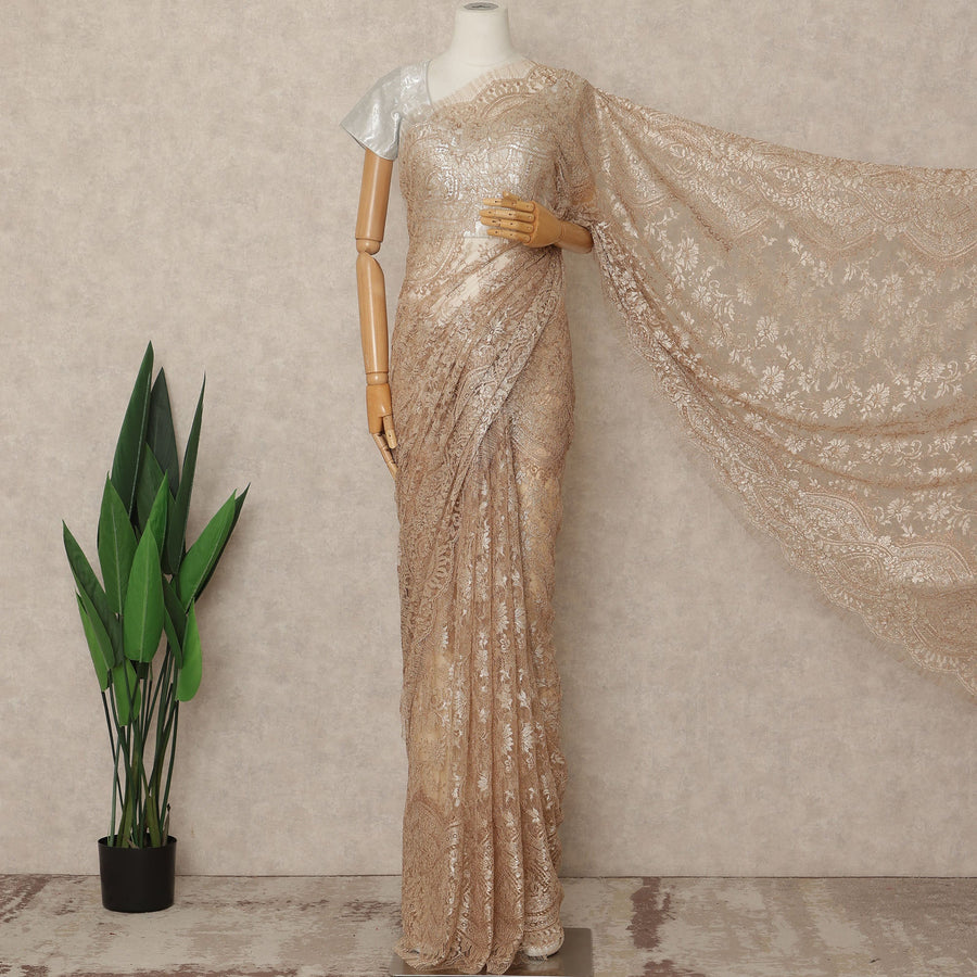 Champagne Nude Premium French Metallic Chantilly Saree Lace Fabric 5.5 Meters Length 110 Cms Width Imported From France Elegant Designer Lace Blouse Not Included-D27365