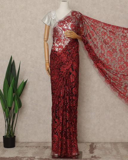 Ruby Red Premium French 2 Tone Chantilly Saree Lace With Stone Work Fabric 5.5 Meters Length 110 Cms Width Imported From France Elegant Designer Lace Blouse Not Included-D27367