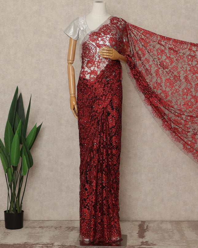 Ruby Red Premium French 2 Tone Chantilly Saree Lace With Stone Work Fabric 5.5 Meters Length 110 Cms Width Imported From France Elegant Designer Lace Blouse Not Included-D27367