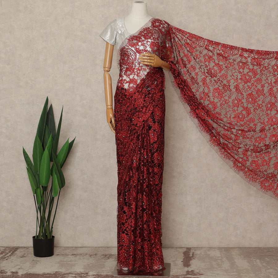 Ruby Red Premium French 2 Tone Chantilly Saree Lace With Stone Work Fabric 5.5 Meters Length 110 Cms Width Imported From France Elegant Designer Lace Blouse Not Included-D27367