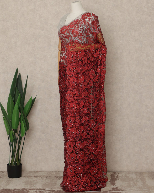 Ruby Red Premium French 2 Tone Chantilly Saree Lace With Stone Work Fabric 5.5 Meters Length 110 Cms Width Imported From France Elegant Designer Lace Blouse Not Included-D27367