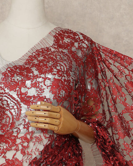 Ruby Red Premium French 2 Tone Chantilly Saree Lace With Stone Work Fabric 5.5 Meters Length 110 Cms Width Imported From France Elegant Designer Lace Blouse Not Included-D27367