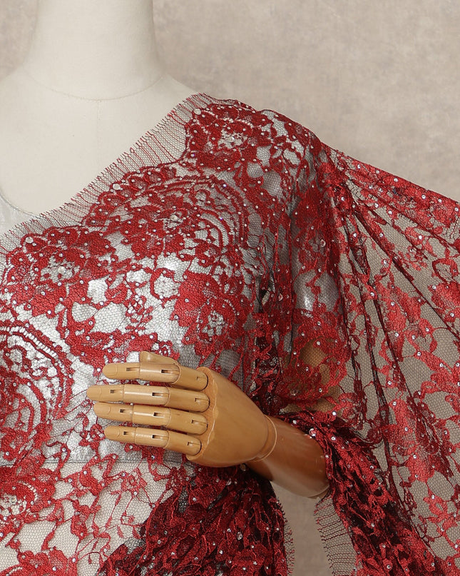 Ruby Red Premium French 2 Tone Chantilly Saree Lace With Stone Work Fabric 5.5 Meters Length 110 Cms Width Imported From France Elegant Designer Lace Blouse Not Included-D27367