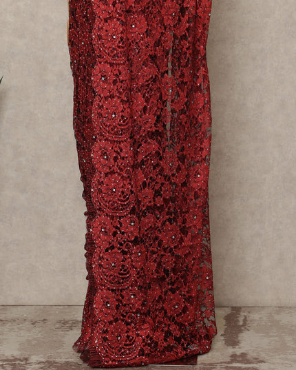 Ruby Red Premium French 2 Tone Chantilly Saree Lace With Stone Work Fabric 5.5 Meters Length 110 Cms Width Imported From France Elegant Designer Lace Blouse Not Included-D27367