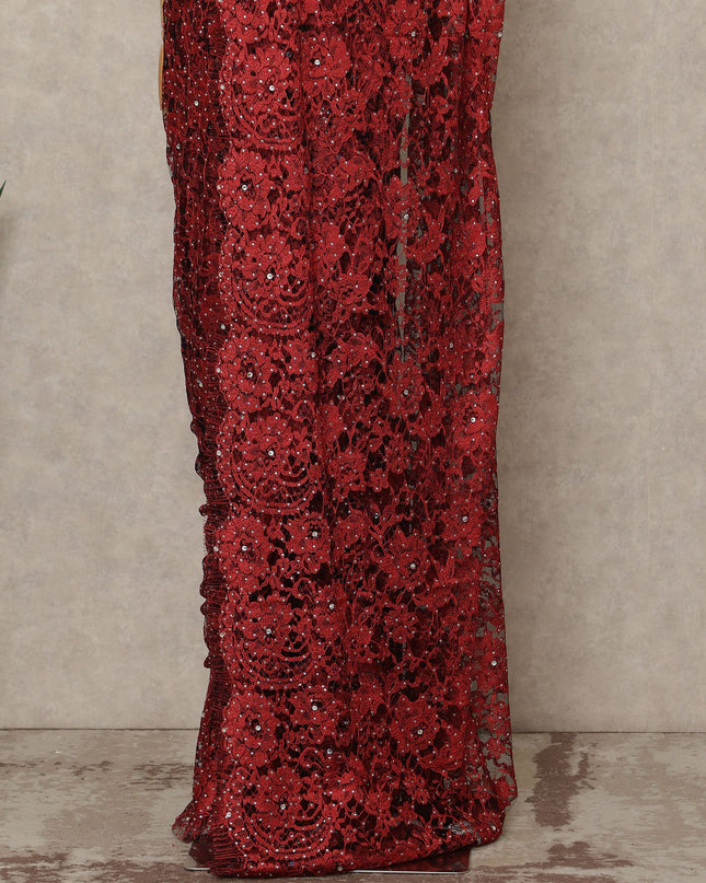 Ruby Red Premium French 2 Tone Chantilly Saree Lace With Stone Work Fabric 5.5 Meters Length 110 Cms Width Imported From France Elegant Designer Lace Blouse Not Included-D27367