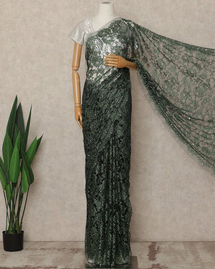 Emerald Green Premium French 2 Tone Chantilly Saree Lace With Stone Work Fabric 5.5 Meters Length 110 Cms Width Imported From France Elegant Designer Lace Blouse Not Included-D27370 Regal Fabrics