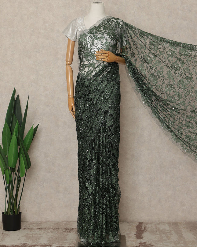 Emerald Green Premium French 2 Tone Chantilly Saree Lace With Stone Work Fabric 5.5 Meters Length 110 Cms Width Imported From France Elegant Designer Lace Blouse Not Included-D27370 Regal Fabrics